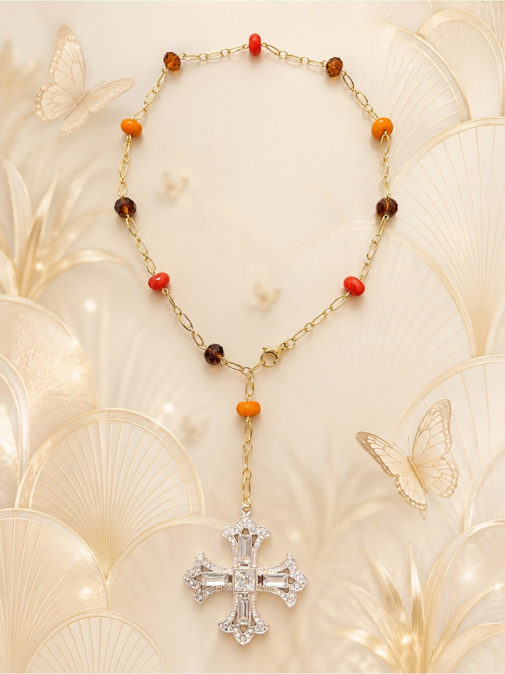 🆕🆕🆕Celtic Cross Pendant Necklace with Red, Orange & Brown Accents
